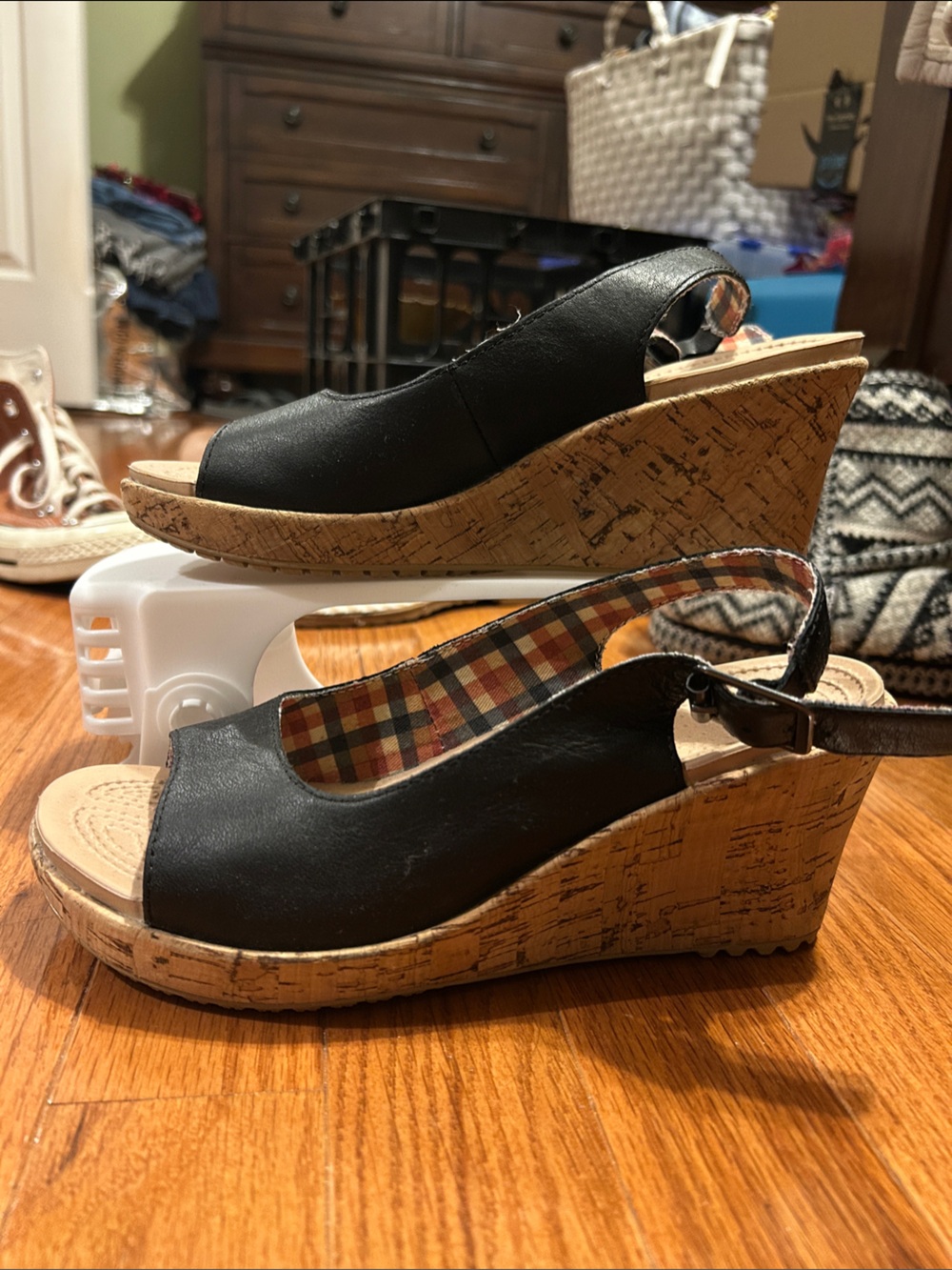 CROCS Black Slingback Wedge Sandals with Plaid Trim